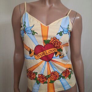 Y2K Tank Top Heart Rose Tattoo Print Womens L Yellow Fitted Spaghetti Strap
